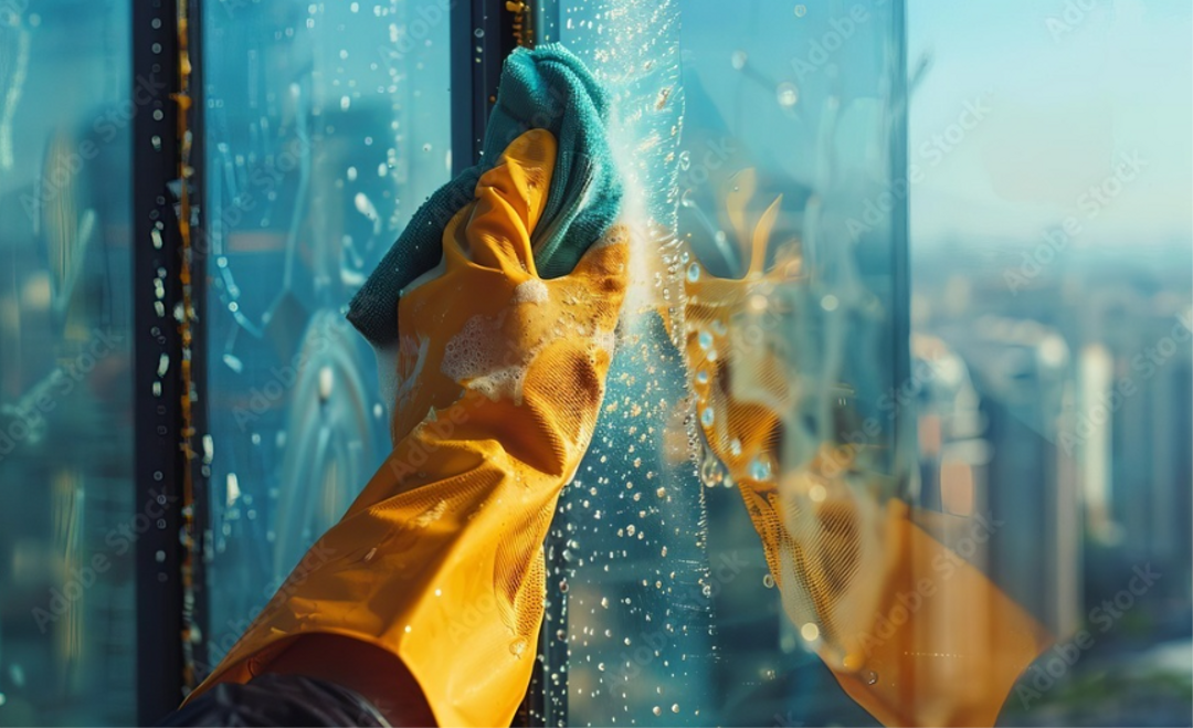 A hand wearing a yellow glove wiping cleaning products off a glass window